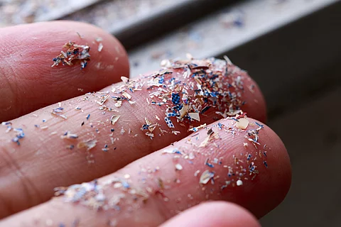 Close up side shot of microplastics lay on people hand.Concept o