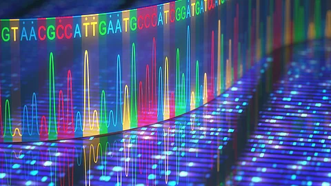 DNA-Sequenzierung: Mehrfarbige vertikale Balken und fluoreszierende Punkte symbolisieren genetische Daten, die für die Analyse von Tumorherden genutzt werden