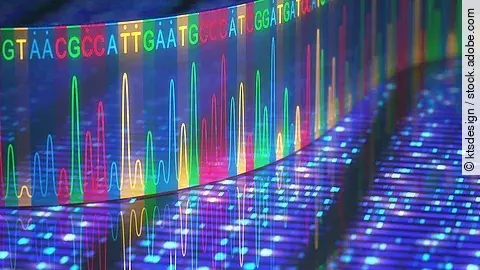 DNA-Sequenzierung: Mehrfarbige vertikale Balken und fluoreszierende Punkte symbolisieren genetische Daten, die für die Analyse von Tumorherden genutzt werden