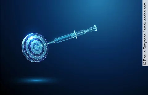 Syringe aimed at the center of a target. Pharmacogenetics concept, symbolizing precise drug delivery based on genetic profiles. Low poly style