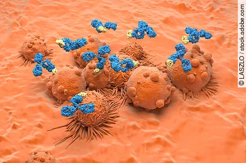 Monoclonal antibody treatment in Kidney cancer - isometric view 3d illustration