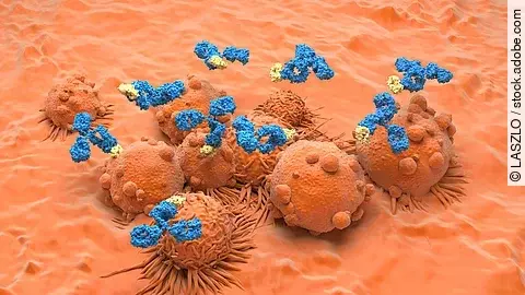 Monoclonal antibody treatment in Kidney cancer - isometric view 3d illustration