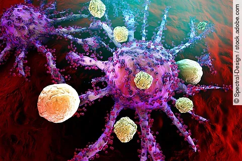 T-Cells of the immune System attacking growing Cancer cells