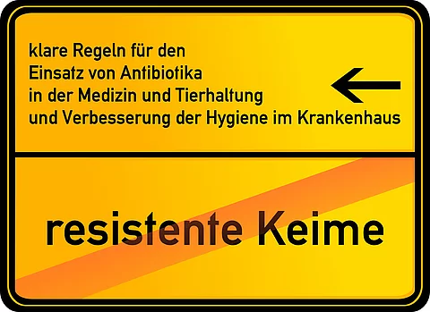 „Gelbes Schild mit schwarzem Rand, darauf der Text: ‚Klare Regeln für den Einsatz von Antibiotika in der Medizin und Tierhaltung und Verbesserung der Hygiene im Krankenhaus‘, darunter durchgestrichen ‚resistente Keime‘.