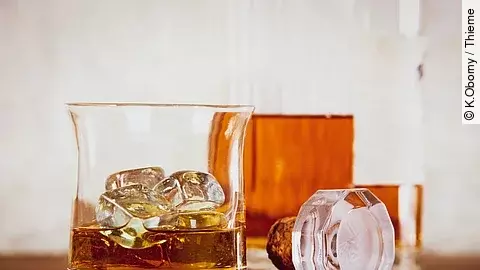 Nahaufnahme eines Whiskyglases mit Eiswürfeln, daneben eine geöffnete Flasche Whisky und ein Glasverschluss auf einem Holztisch.