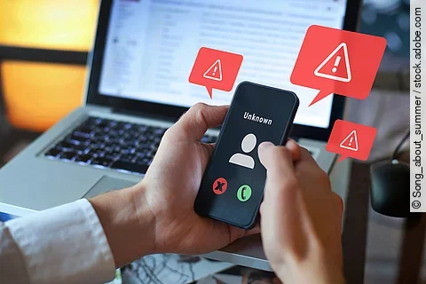 Fraud, scam or phishing with phone call, scammer calling with unknown number to fake identity or steal data.