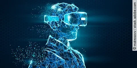 VR headset holographic low poly wireframe vector banner. Polygonal man wearing virtual reality glasses, helmet. VR games playing. Particles, dots, lines, triangles on blue background. Neon light.