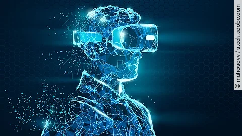 VR headset holographic low poly wireframe vector banner. Polygonal man wearing virtual reality glasses, helmet. VR games playing. Particles, dots, lines, triangles on blue background. Neon light.