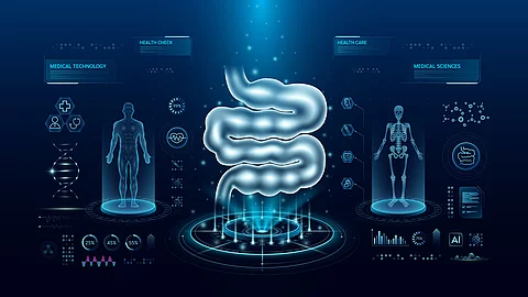 Darstellung des menschlichen Darms in einer futuristischen, digitalen Umgebung mit medizinischen Symbolen und Datenvisualisierungen.