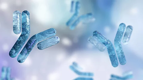 Mehrere bläulich dargestellter Antikörper in Y‑Form vor einem unscharfen, hellen Hintergrund