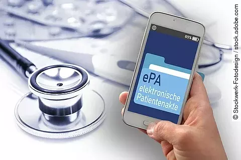 cell or mobile phone with the text ePA elektronische Patientenakte (electronic health records). Symbol for the start of the electronic health records app in Germany