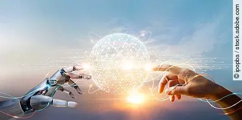 AI, Machine learning, Hands of robot and human touching big data