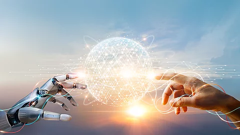 AI, Machine learning, Hands of robot and human touching big data