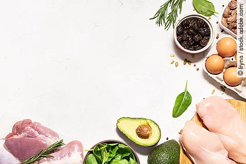 Fresh organic food for low carb keto diet on white marble background long banner format, copy space for your design. Healthy lifestyle and weight loss concept.