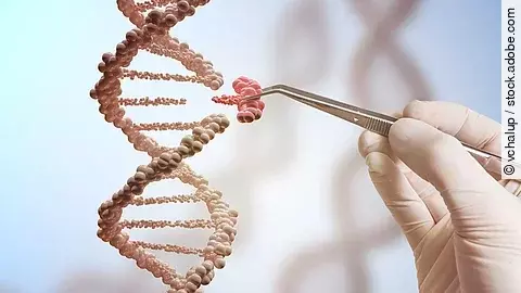 Eine Hand hält ein feines Werkzeug, mit dem ein rotes, beschädigtes Segment aus einem DNA-Doppelstrang hervorgehoben wird; im Hintergrund weitere unscharfe DNA-Strukturen.