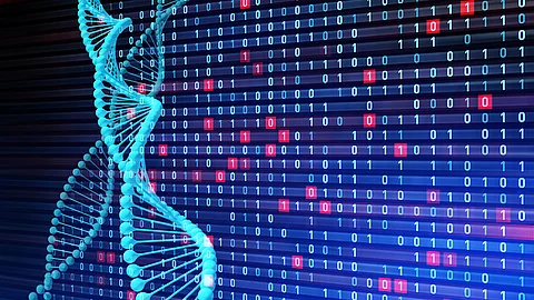  DNA‑Strang mit digitalem Datenmuster