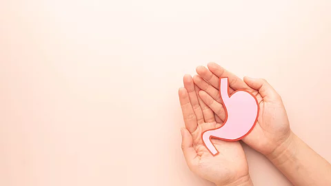 Human hands holding stomach organ made from paper on beige background. Concept of gastric cancer screening, stomach transplant, digestive tract problem and stomach disease treatment. Flat layout.
