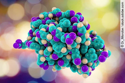 Molecular model of lysozyme protein found in tears, saliva, human milk and mucus, 3D illustration
