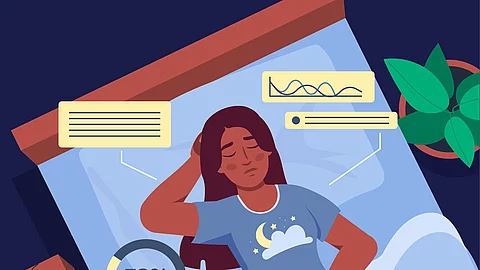 Sleep tracker infographic. Woman sleeping with smartwatches. Modern gadget and device for sleep control. Healthy lifestyle and correct daily routine. Flat vector illustration Schlafende Frau im Bett trägt Schlaftracker