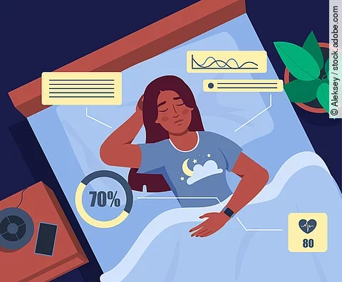 Sleep tracker infographic. Woman sleeping with smartwatches. Modern gadget and device for sleep control. Healthy lifestyle and correct daily routine. Flat vector illustration