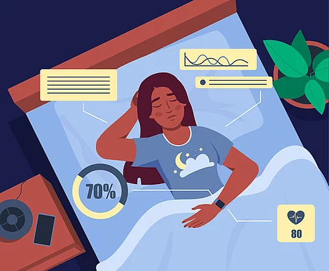 Schlafende Frau im Bett trägt Schlaftracker