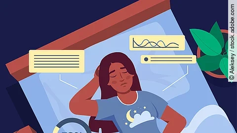 Sleep tracker infographic. Woman sleeping with smartwatches. Modern gadget and device for sleep control. Healthy lifestyle and correct daily routine. Flat vector illustration Schlafende Frau im Bett trägt Schlaftracker