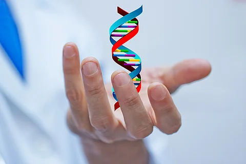 Eine geöffnete menschliche Hand hält eine stilisierte, schwebende DNA-Doppelhelix vor hellem Hintergrund.