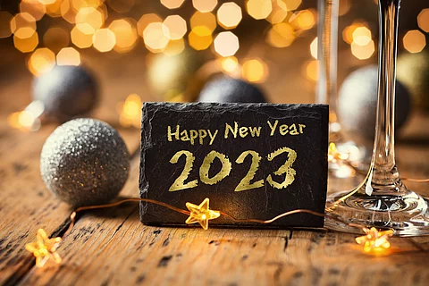 Happy New Year 2023 - Greeting Card - Black slate board with gol