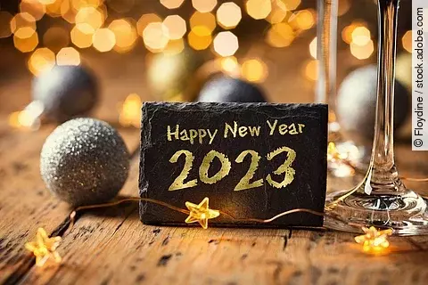 Happy New Year 2023 - Greeting Card - Black slate board with gol