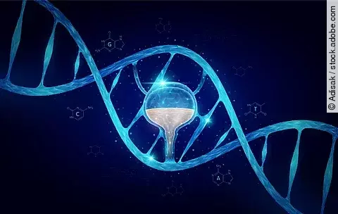 Illustration einer menschlichen Blase eingebettet in eine stilisierte DNA-Doppelhelix auf dunklem Hintergrund.