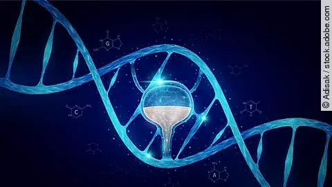 Illustration einer menschlichen Blase eingebettet in eine stilisierte DNA-Doppelhelix auf dunklem Hintergrund.