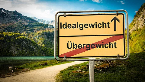Straßenschild in Berglandschaft mit den Aufschriften „Idealgewicht“ (Pfeil nach oben) und „Übergewicht“ (durchgestrichen).