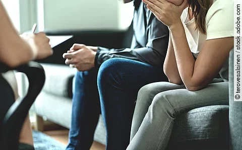 Hopeless and upset couple in therapy. Counseling or meeting with