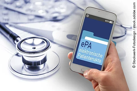 cell or mobile phone with the text ePA elektronische Patientenakte (electronic health records). Symbol for the start of the electronic health records app in Germany
