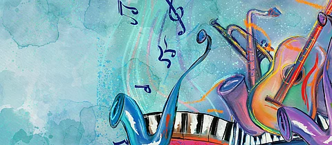 World of Music (Gemälde): Illustration mit farbenfrohen Musikinstrumenten wie Saxophon, Gitarre und Klaviertasten vor einem aquarellartigen Hintergrund