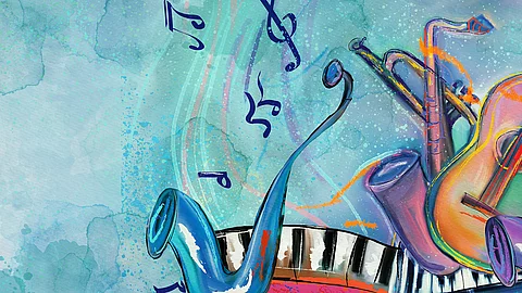 World of Music (Gemälde): Illustration mit farbenfrohen Musikinstrumenten wie Saxophon, Gitarre und Klaviertasten vor einem aquarellartigen Hintergrund World of Music (Gemälde): Illustration mit farbenfrohen Musikinstrumenten wie Saxophon, Gitarre und Klaviertasten vor einem aquarellartigen Hintergrund
