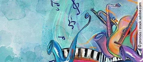 World of Music (Gemälde): Illustration mit farbenfrohen Musikinstrumenten wie Saxophon, Gitarre und Klaviertasten vor einem aquarellartigen Hintergrund