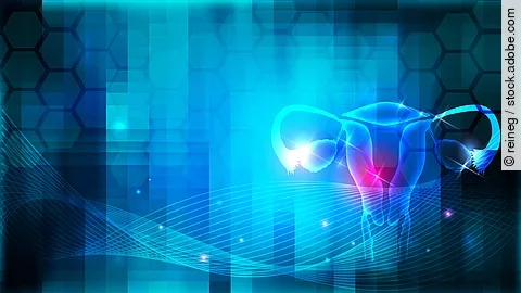 Female uterus and ovaries health care design on an abstract blue background