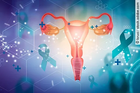 Female reproductive system surrounded by anti-cancer ties. Medical future technology and innovative concept.