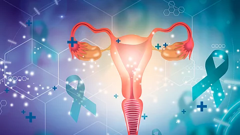 Female reproductive system surrounded by anti-cancer ties. Medical future technology and innovative concept. Female reproductive system surrounded by anti-cancer ties. Medical future technology and innovative concept.