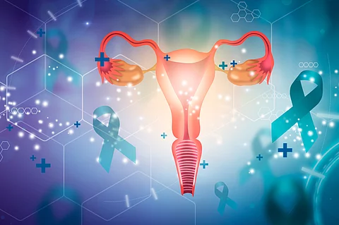 Female reproductive system surrounded by anti-cancer ties. Medical future technology and innovative concept.
