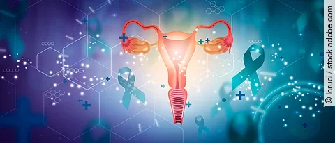 Female reproductive system surrounded by anti-cancer ties. Medical future technology and innovative concept.