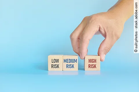 Investment risk management tolerance and planning and asset allocation and diversification concept. Wooden blocks with low, medium and high risk word with copy space.