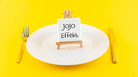 Kleine Staffelei mit dem Schriftzug „Jojo Effekt“steht auf einem weißen Teller vor gelbem Hintergrund, daneben goldfarbenes Besteck.