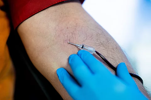 Nahaufnahme einer Blutspende: Eine Hand mit blauen Handschuhen hält eine Nadel, die in den Arm eines Spenders eingeführt ist. Ein Schlauch führt das Blut ab.